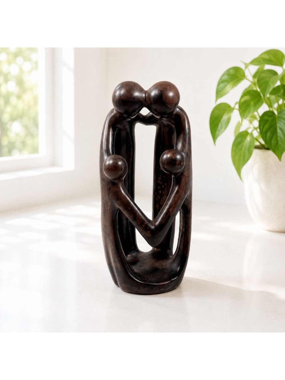African Handcarved Ebony Soapstone Family Sculpture 10" - Kenya Shizar Imports